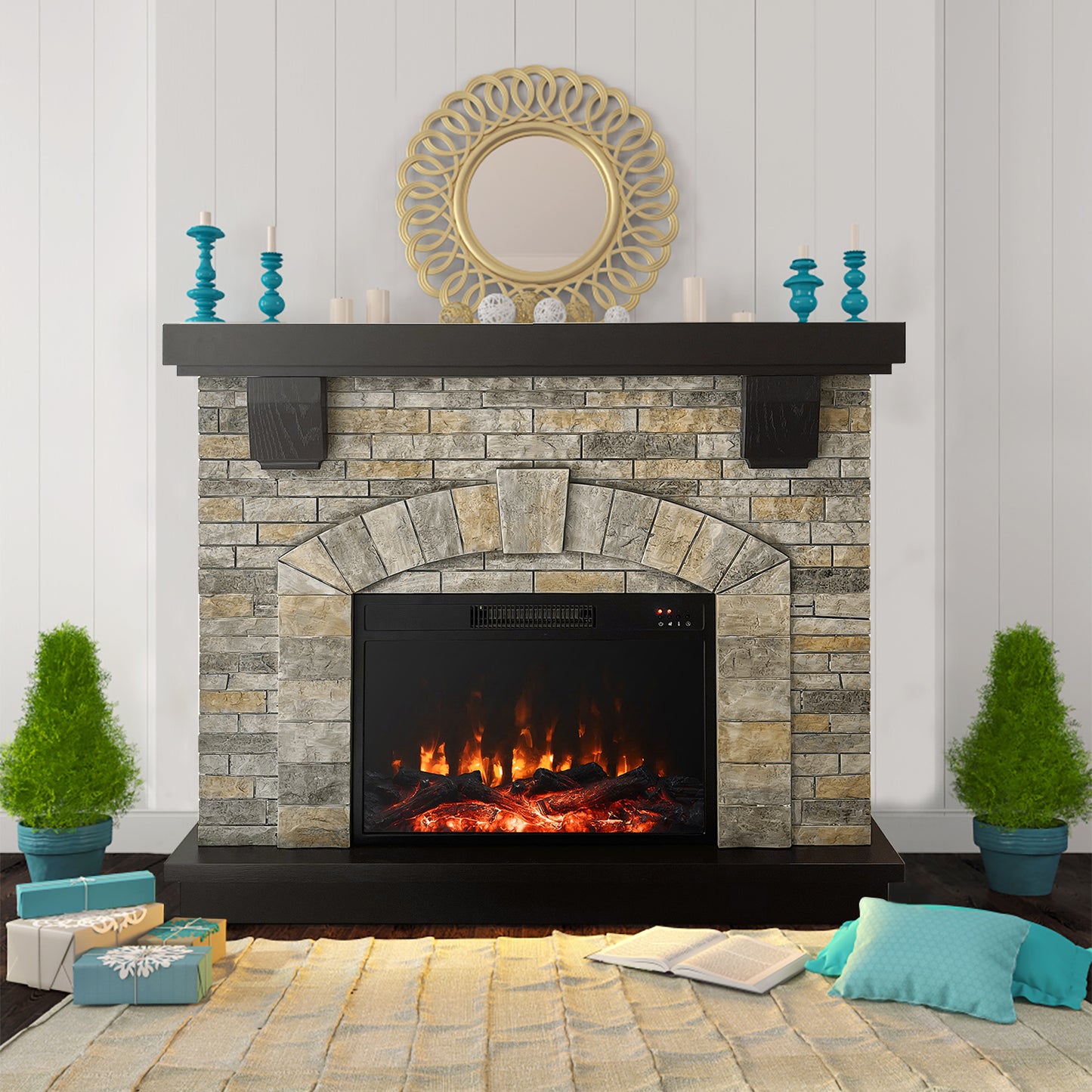 45 Inch Electric Fireplace with Mantel, Tall Fire Place Heater Freestanding with Remote Control Timer LED Flame for Living Room Bedroom, Gray