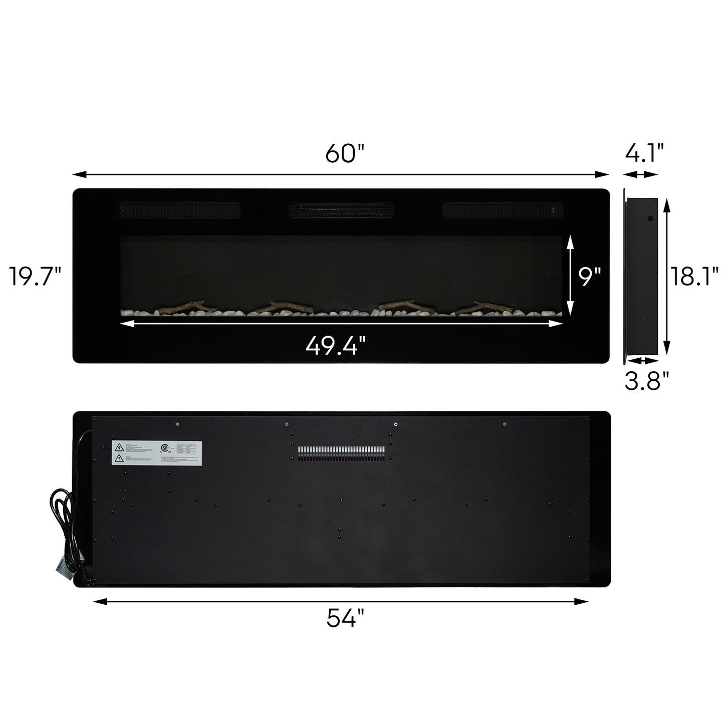 60'' Electric Fireplace Recessed Wall Mounted Ultra Thin Insert&Remote