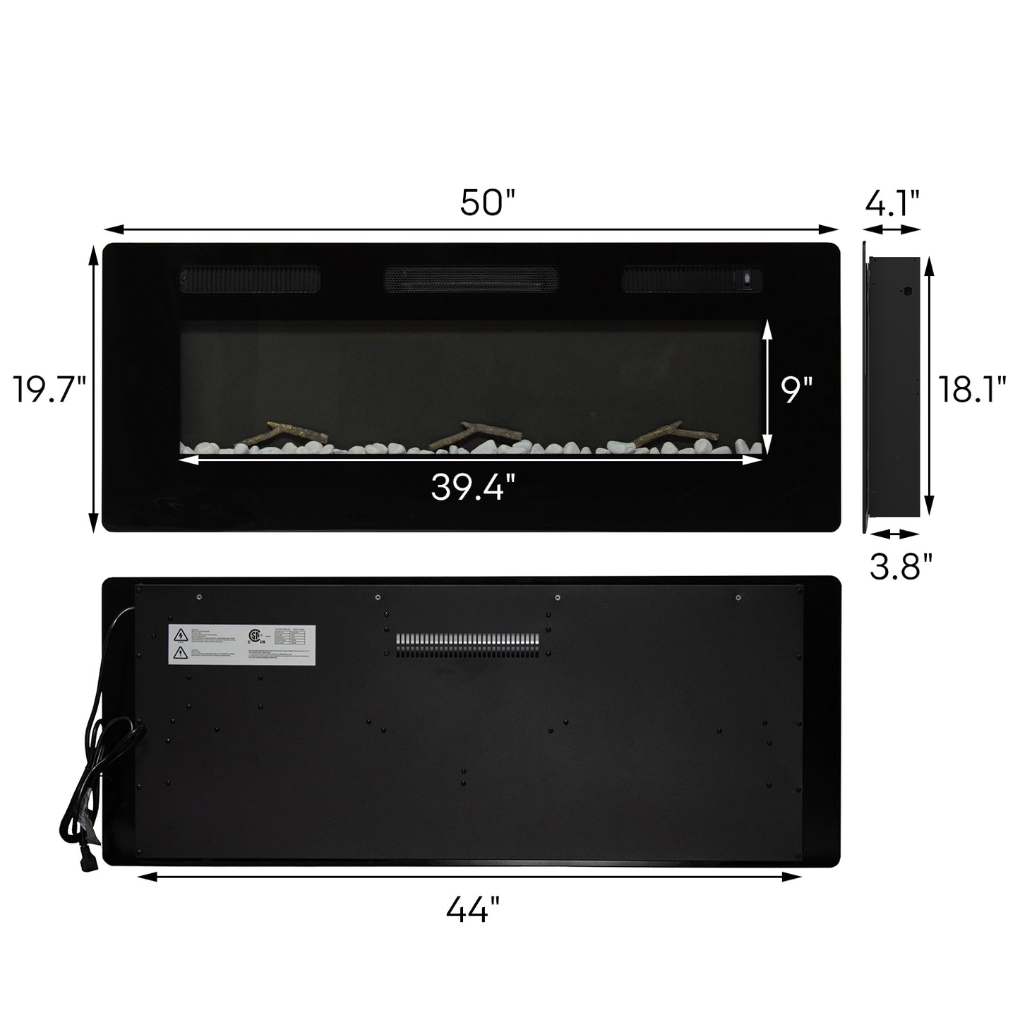 50" Electric Fireplace Recessed 3.8" Ultra Thin Insert with Remote Control