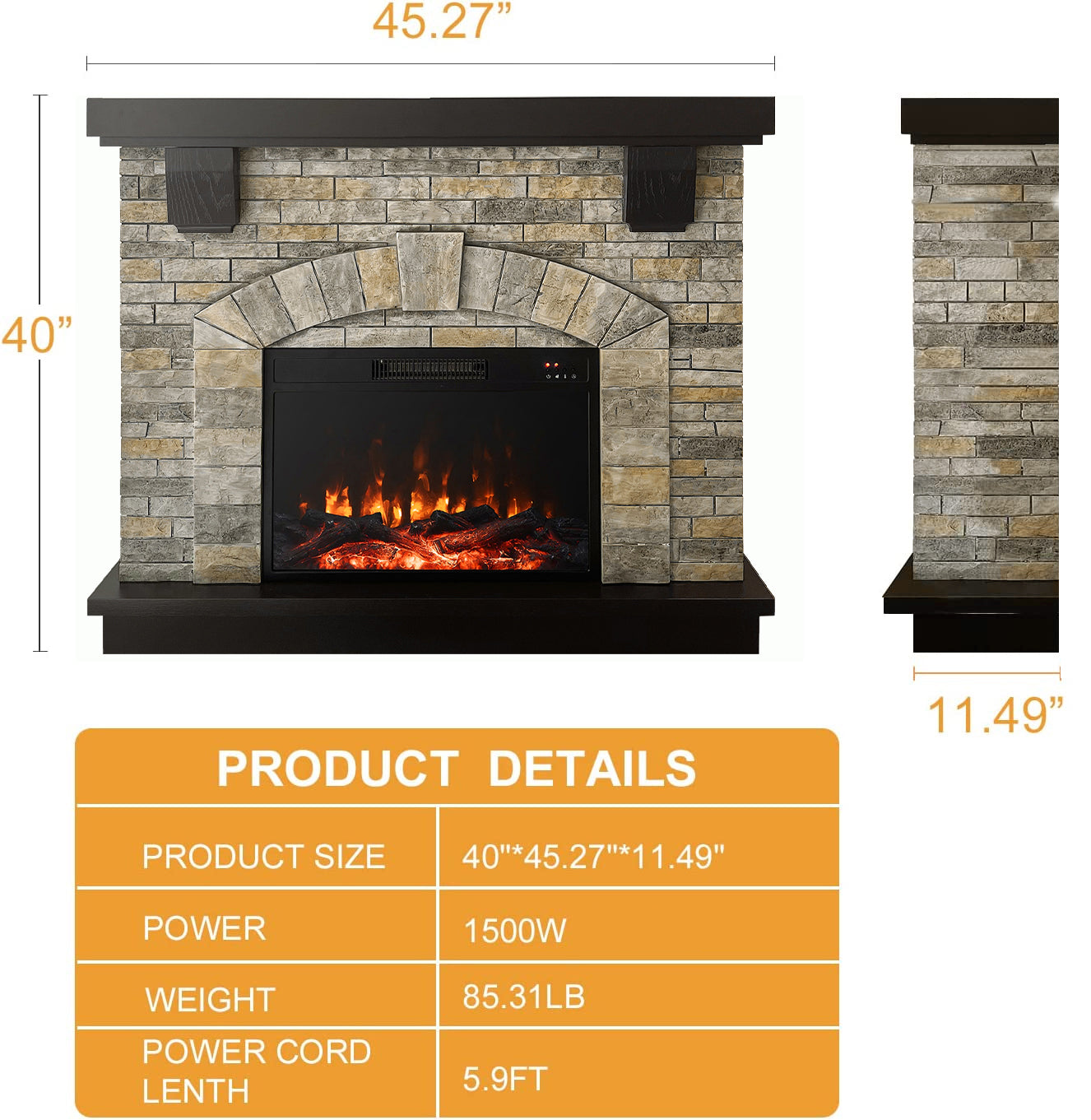 45 Inch Electric Fireplace with Mantel, Tall Fire Place Heater Freestanding with Remote Control Timer LED Flame for Living Room Bedroom, Gray