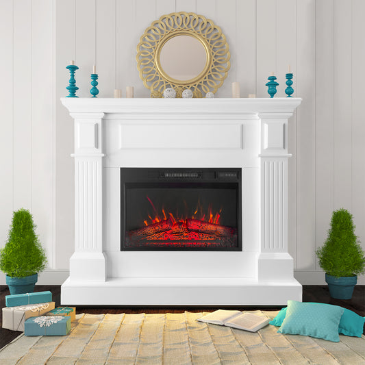 43 Inch White Electric Fireplace with Mantel, Stylish Heater for Your Living Room or Bedroom, Includes Remote Control and LED Flame Effects