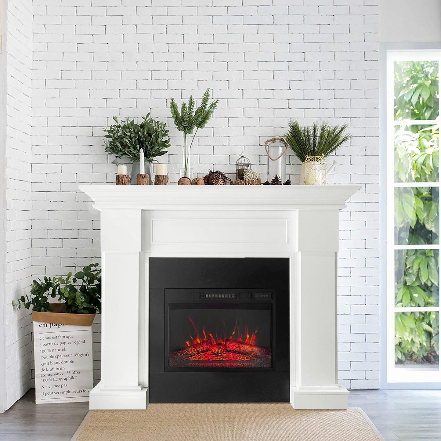 48 Inch White Electric Fireplace with Mantel, Stylish Heater for Your Living Room or Bedroom, Includes Remote Control and LED Flame Effects