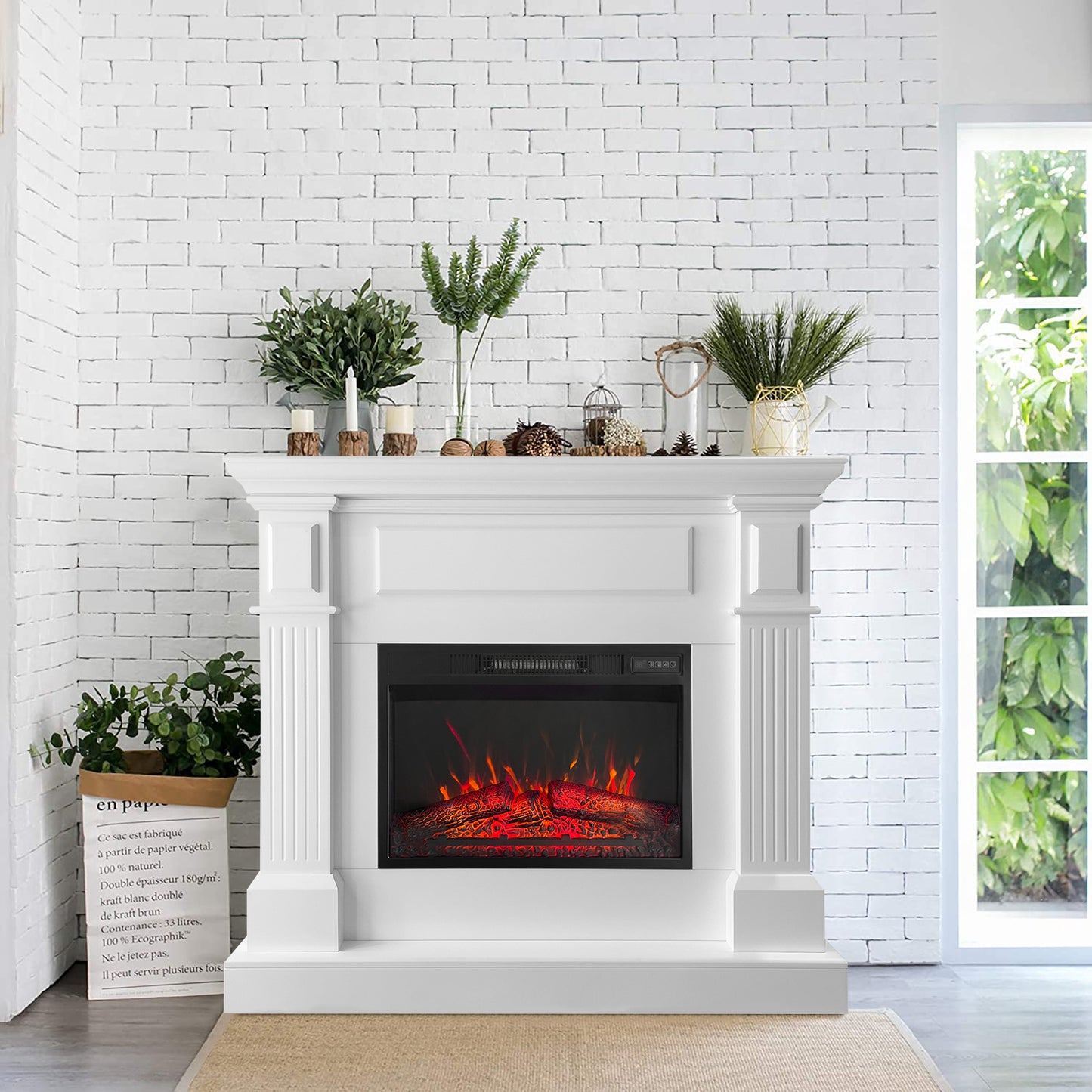 43 Inch White Electric Fireplace with Mantel, Stylish Heater for Your Living Room or Bedroom, Includes Remote Control and LED Flame Effects