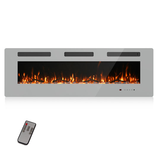 Electric Fireplace, 60 Inch Recessed Wall Mounted Fire Place Heater with Remote Control Timer LED Adjustable Flame for Living Room Bedroom, Gray