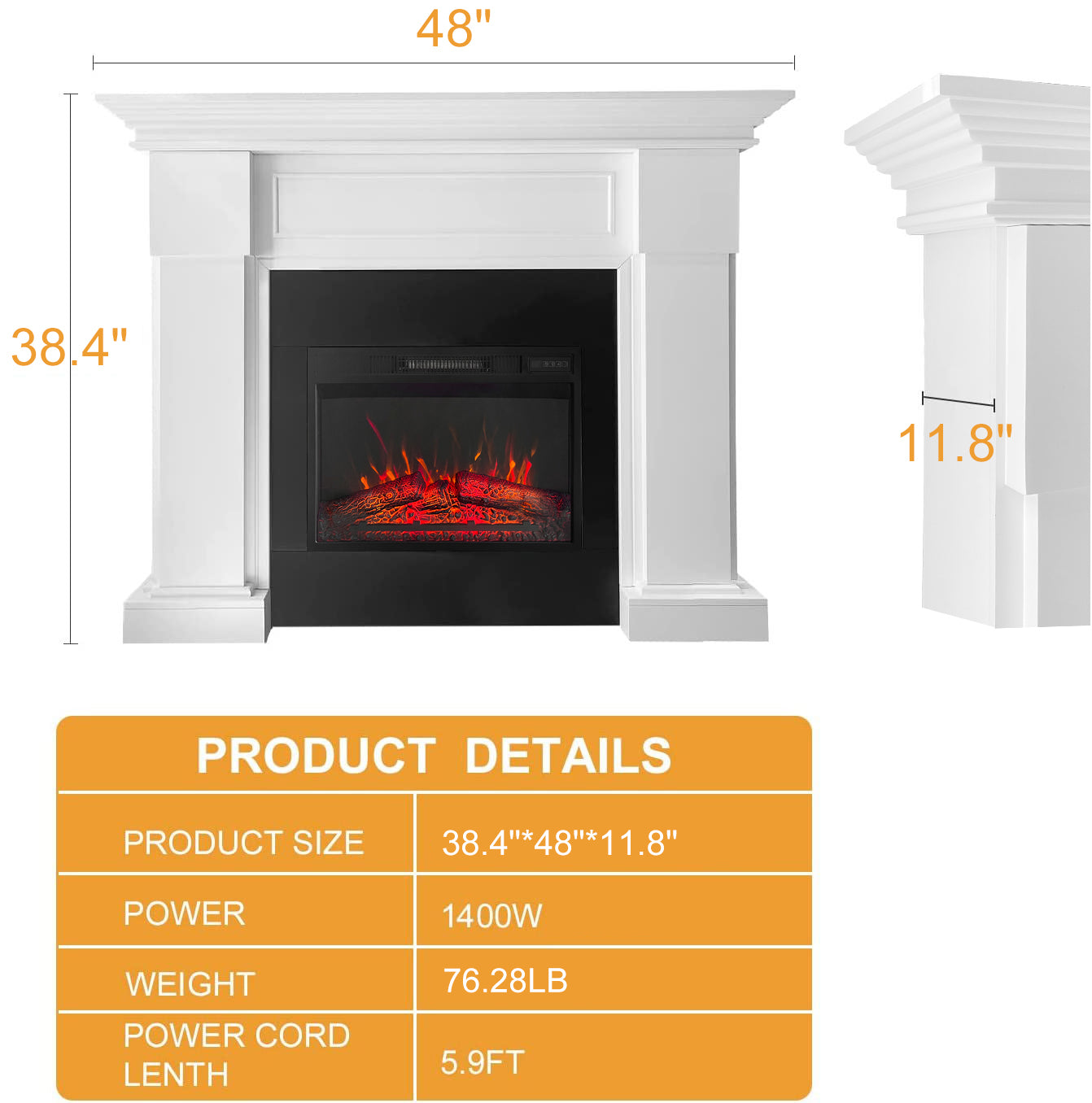 50 Inch Classic Gray Electric Fireplace with Mantel, Stylish Heater for Your Living Room or Bedroom, Includes Remote Control and LED Flame Effects