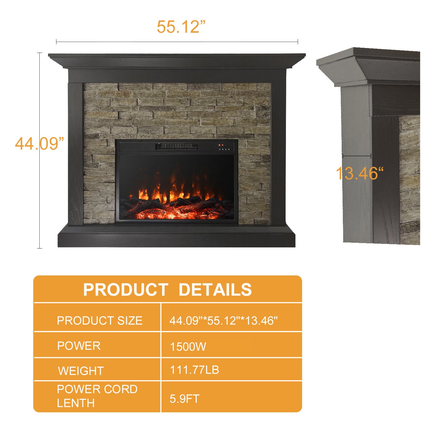 45 Inch Electric Fireplace with Mantel, Tall Fire Place Heater Freestanding with Remote Control Timer LED Flame for Living Room Bedroom, Brown