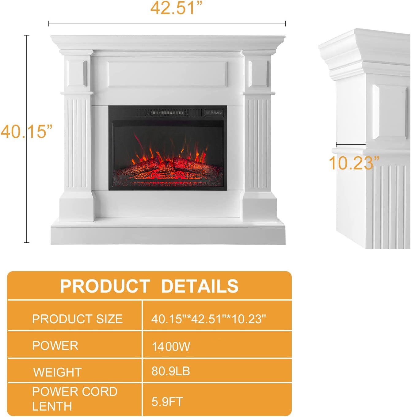 43 Inch White Electric Fireplace with Mantel, Stylish Heater for Your Living Room or Bedroom, Includes Remote Control and LED Flame Effects