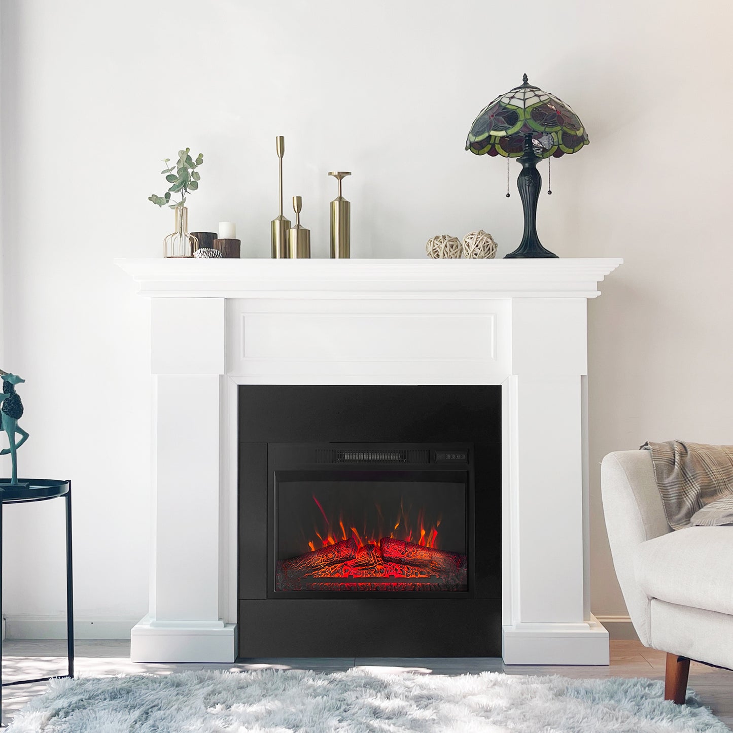 48 Inch White Electric Fireplace with Mantel, Stylish Heater for Your Living Room or Bedroom, Includes Remote Control and LED Flame Effects